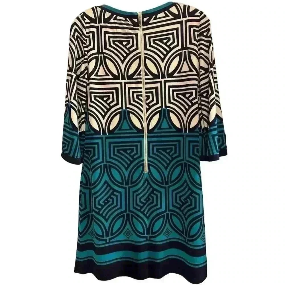 ELIZA J Green Black 3/4 sleeve Geometric lined Shift Dress- Size 4 - Picture 2 of 6